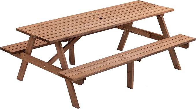 8 Person Wooden Picnic Table, 75" Wood Rectangular Outdoor Camping Dining Table with 2 Built-in Benches,Umbrella Hole,Classic Picnic Table Bench Set for Garden Courtyard,2220lb Capacity,Walnut Brown