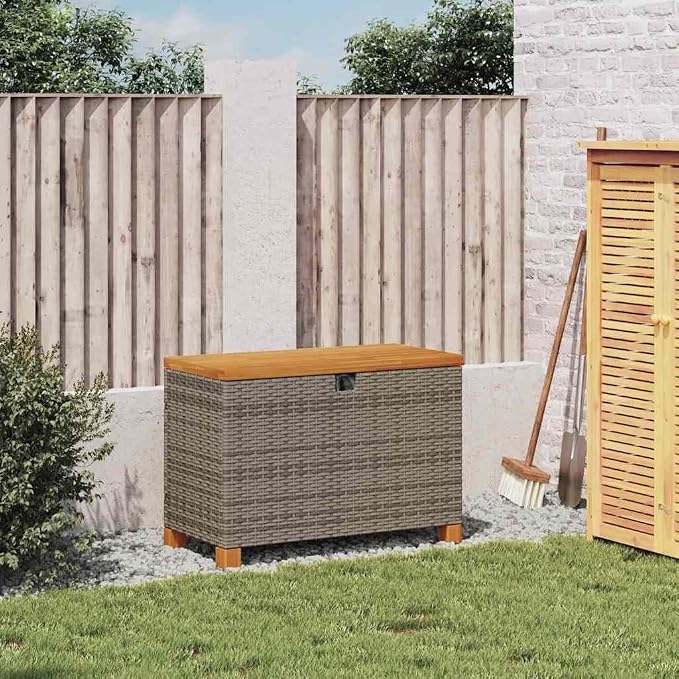 Grey PE Rattan Outdoor Storage Box 31.5x15.7x18.9 in Waterproof Deck Box for Patio Cushions with Acacia Wood Frame