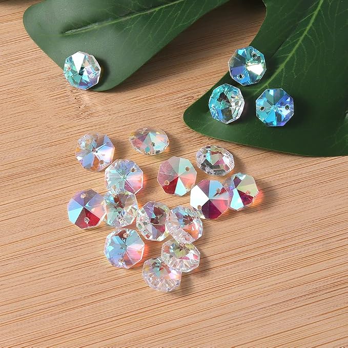LONGWIN Lot 100pcs AB Color Glass Octagon Beads for Crystal Chandelier Parts Replacement DIY Lamp Hanging Pendant Suncatcher