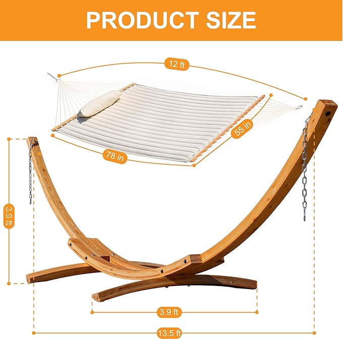 Lazy Daze Hammocks 12 FT Double Quilted Fabric Hammock and 13 FT Natural Wood Arc Stand, with Spreader Bar, Removable Pillow, 2 Person Hammock for Poolside Outdoor Patio, 450 lbs Capacity, Natural