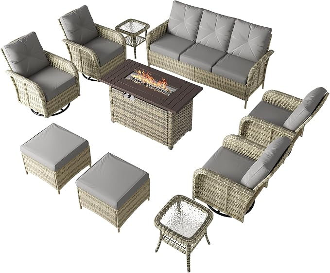 LazySunsets 12 Piece Outdoor Patio Furniture Set with 44'' Fire Pit Table, Wicker Rattan Outdoor Furniture with High Back Swivel Rocker Chairs, Outdoor Sofa Set with Thick Cushions & Ottoman, Grey