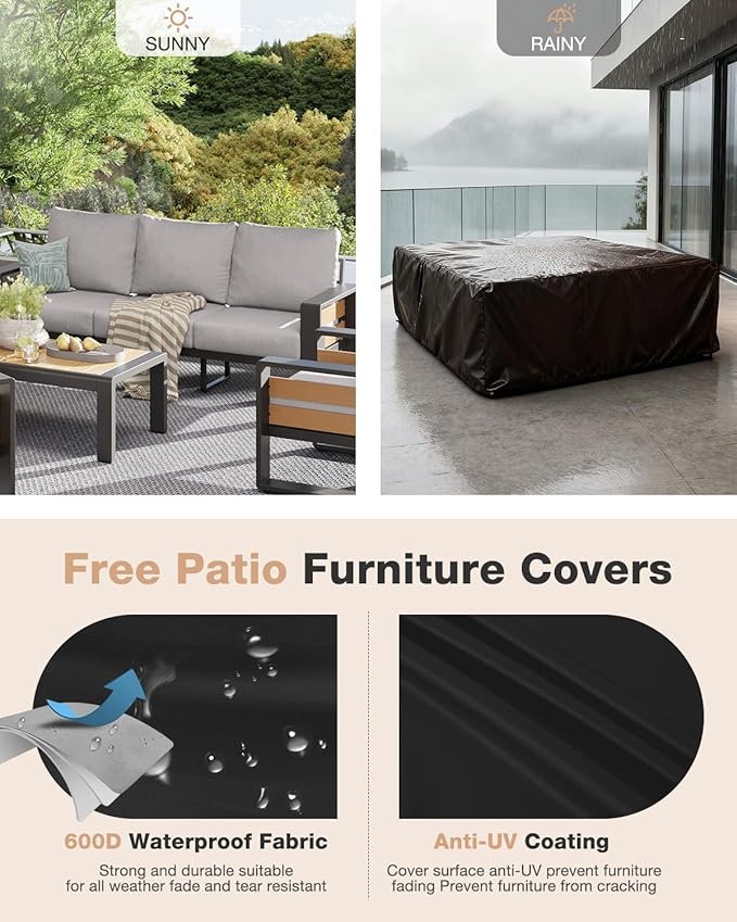 Aoxun Aluminum Patio Furniture Set, 5 Piece Luxury Outdoor Sectional with 6" Olefin Fabric Cushions, Patio Conversation Sets with Coffee Table and Waterproof Cover for Backyard, Porch Light Grey