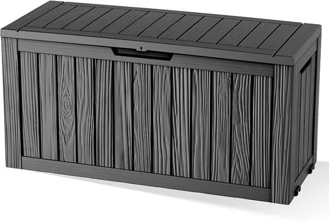 DRATO 90 Gallon Deck Boxes Outdoor Waterproof, Resin Large Lockable Storage Box with Lid, Outdoor Storage Bench Patio Cushions Furniture, Garden Tools, Pool Accessories (Black, 90 Gallon)