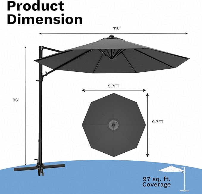 Devoko 10ft Cantilever Patio Umbrella, Round Large Outdoor Umbrella with 360-Degree Rotation, Hanging Offset Market Sun Umbrella, Easy Tilt and Heavy-Duty Frame, for Patio Backyard Garden, Gray