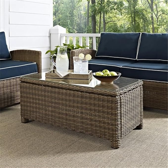 Pemberly Row 40" Glass Top Patio Coffee Table, Brown Finish, Durable Steel Frame with PE Wicker, UV-Resistant Outdoor Resin, Weather-Resistant Design, Stylish Addition to Backyard or Patio