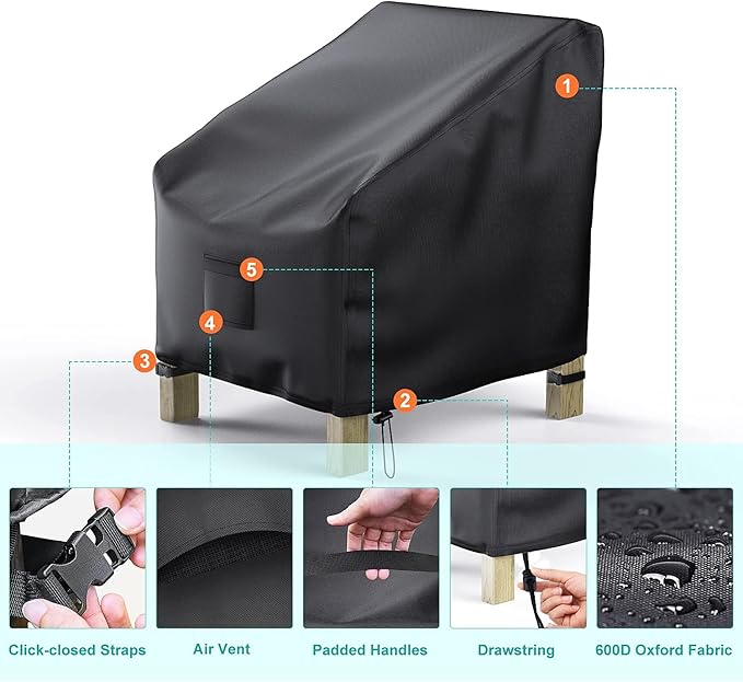 Patio Chair Covers for Outdoor Furniture Waterproof 2 Pack, Lawn Chair Covers 600D Heavy Duty Oxford Cloth, Large Covers for Lounge Lawn Deep Seat Black 31" W×38" D×30" H