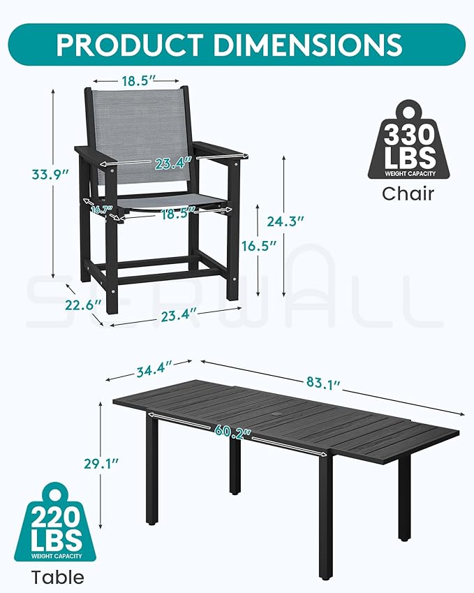 SERWALL Outdoor Dining Chairs Set of 2, All-Weather HDPE and Textilene Material Patio Chairs, Grey