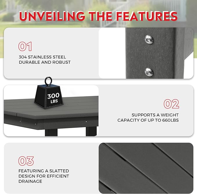 Costaelm Outdoor Patio Table, Outdoor Dining Table for 4, Weather Resistant Square Patio Table with Umbrella Hole for Garden, Poolside, Porch, Gray