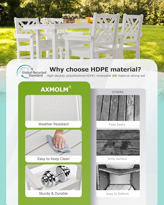 5 Piece HDPE Outdoor Dining Set for 4, Patio Dining Furniture Set with Umbrella Hole, Outdoor Table and Chairs for Garden, Poolside, Backyard, Deck