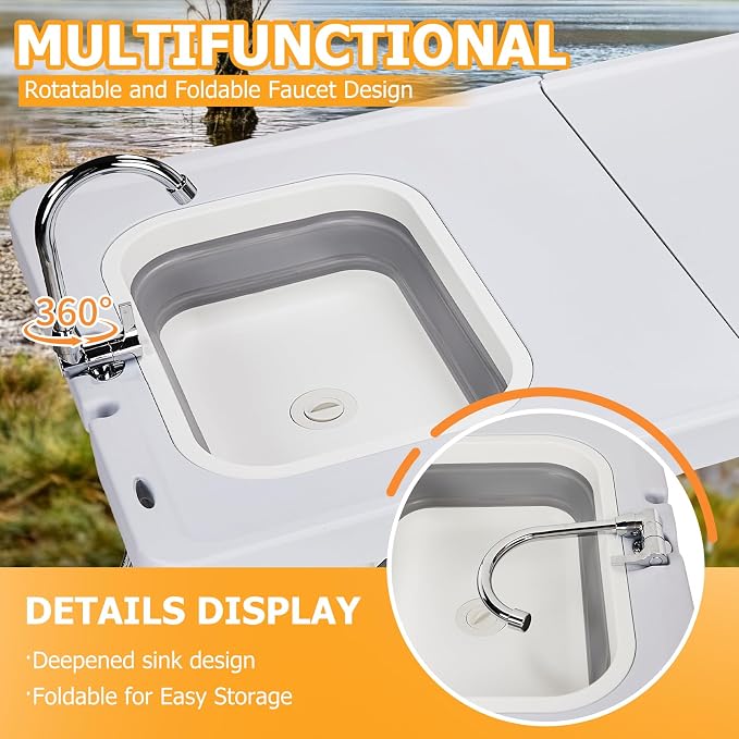 Vasitelan Folding Fish Cleaning Table,Folding Camping Kitchen Table with Sink & Sprayer,Collapsible wash Basin,Outdoor Sink Station with Hose, Camping Sink