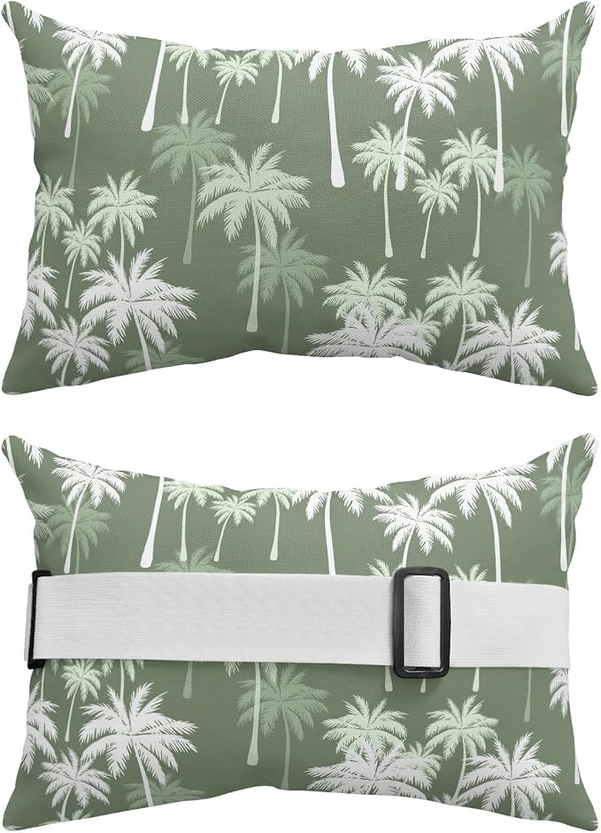 Tropical Palm Tree Outdoor Pillows for Chaise Lounge Chair Beach Headrest Pillow Set of 2 Waterproof Lumbar Pillows with Insert&Strap Olive Green Plants Coastal Leaf Beach Pool Pillow 12"x20"