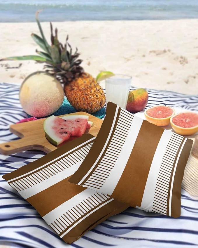 Outdoor Waterproof Throw Pillow Covers 24x24in, Boho Brown Farmhouse Cushions for Garden Patio Furniture Chairs Set of 2, Stripes and Leather Texture Home Decor Couch Sofa Polyester Pillow Cases
