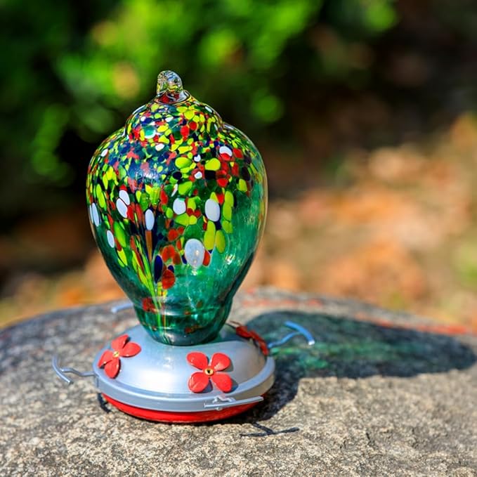 WOSIBO Hummingbird Feeder for Outdoors Patio Large 32 Ounces Colorful Hand Blown Glass Hummingbird Feeder with Ant Moat Hanging Hook, Rope, Brush and Service Card (Green)