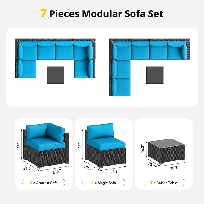 Aoxun Patio Furniture Set with Umbrella, 8 Piece Outdoor Sectional Sofas, Wicker Rattan Outdoor Furniture with Thickened Cushion for Backyard, Garden Peacock Blue