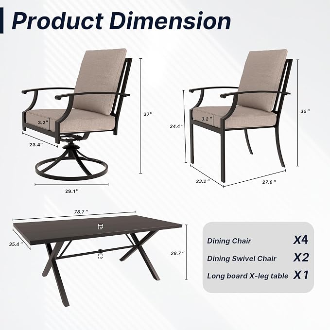 7 PCS Outdoor Patio Dining Set,Patio Table and Chairs Metal Outdoor Patio Furniture Set with Umbrella Hole,Dining Table Set with Swivel Chairs for Deck,Backyard and Garden,Brown