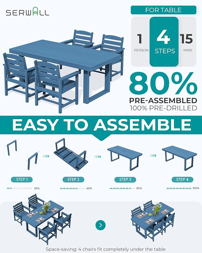SERWALL HDPE Outdoor Dining Set for 4, 67'' Patio Table and Chairs Set | with Armchair Seat