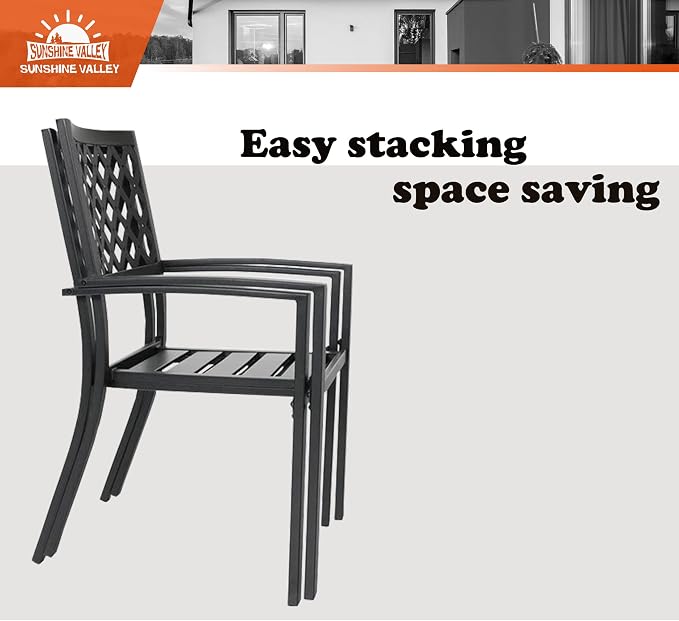 SUNSHINE VALLEY Patio Dining Set,Wood-Like Metal Table w/Umbrella Hole | 60x36 Metal Table&6 Pcs Rust-Proof Stackable Chairs, Outdoor Table and Chairs Set for Backyard Garden Deck