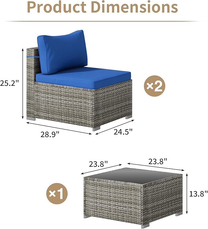 3 Piece Patio Furniture Set, Outdoor Wicker Patio Sofa Set, PE Rattan Sectional Couch with Glass Table and Blue Cushions, All-Weather 3 Piece Outdoor Patio Furniture Sets, Grey