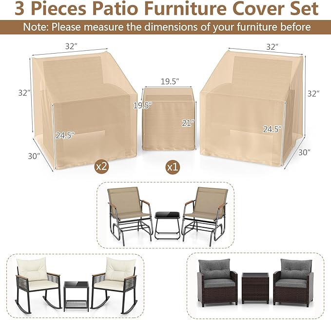 Tangkula Patio Furniture Covers 3 Piece Set, Waterproof Outdoor Conversation Covers for 3 Pieces Bistro Set, Heavy Duty Sofa Cover Set for 2 Chairs & Side Table, 32” x 30” x 32”, 19.5” x 19.5” x 21”
