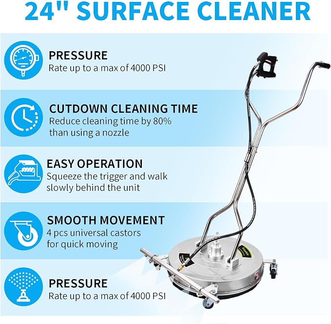 24" Pressure Washer Surface Cleaner Mate with 5 Nozzles Water Broom | Stainless Steel Dual Handle Power Washer Surface Cleaner for Patio Decker Concrete Driveway, 4200 PSI