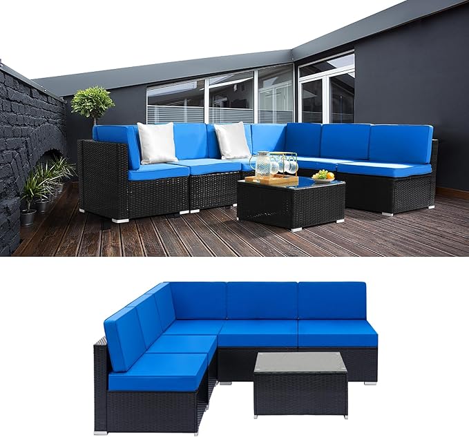 7 Pieces Patio Furniture Set - Outdoor Sectional Furniture with Cushion and Coffee Table Patio Conversation Sets for Backyard Outdoor Sofa Set Modular Sofa, Outdoor Patio Conversation Furniture Set