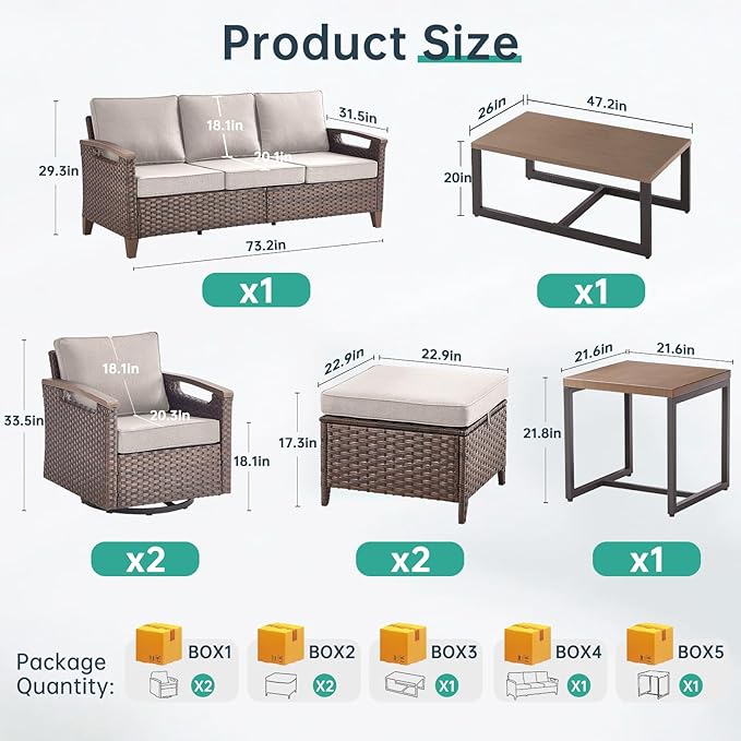 Luxury 9 Piece Heavy Duty Patio Furniture Set with Swivel Chairs - All Weather Wicker Comfort Thick Cushion Outdoor Conversation Set for Porch Poolside Deck - Beige