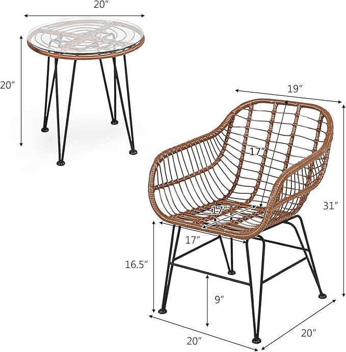 DORTALA 3 Piece Patio Bistro Set, Outdoor Wicker Furniture with Round Tempered Glass Top Table & 2 Rattan Armchairs, Cushions, Conversation Set for Porch, Backyard, Garden, White