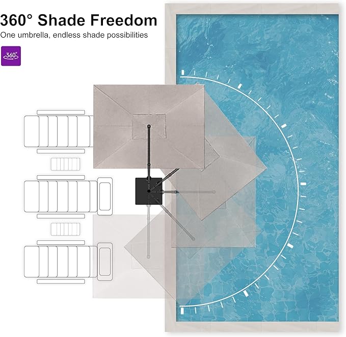 PURPLE LEAF Patio Umbrella 10' X 10' Cantilever Umbrella with Central Lights and Base Aluminum Outdoor Umbrellas with 360-degree Rotation & UPF40+ Fabric for Deck Pool Garden Yard, Ash Mocha