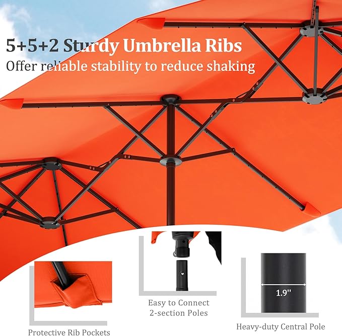 HAPPYGRILL 13 FT Double-sided Patio Umbrella with Solar Lights, Crank Handle & 12 Heavy-Duty Ribs, Outdoor Twin Size Oversized Rectangle Market Umbrella for Garden Deck Poolside