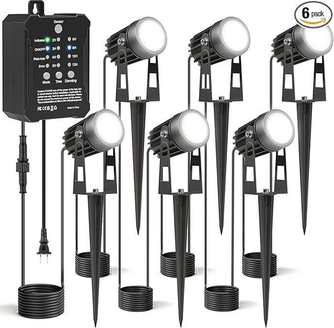 HIBOITEC Low Voltage Landscape Lighting with Transformer Photocell Sensor and Timer Spotlights Kit 52FT ETL Approved Wire Dimmable Waterproof 4000K for House Yard Trees Garden Plants Outdoor 6 Packs