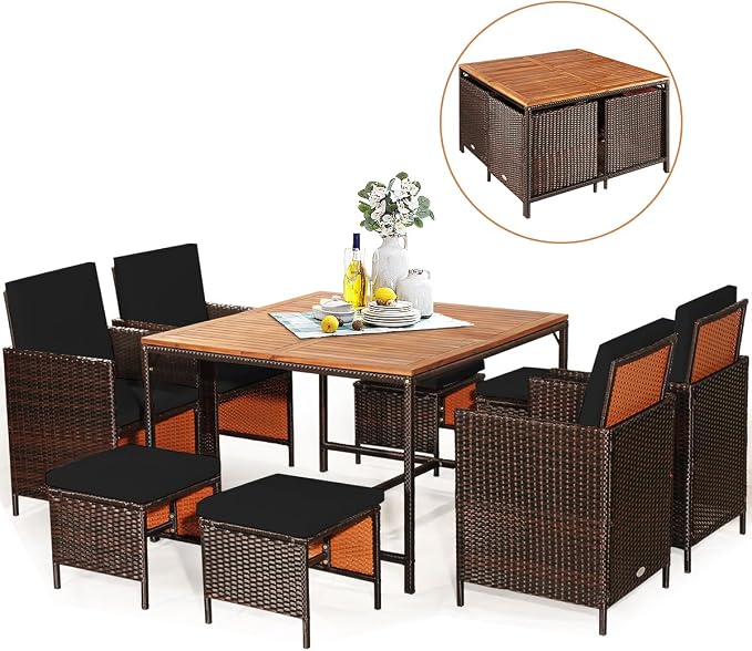 RELAX4LIFE 9-Piece Outdoor Dining Set - Wicker Rattan Patio Furniture w/Acacia Wood Tabletop, Soft Seat & Back Cushions, Dining Table & Chair Set for Backyard, Poolside (Black)