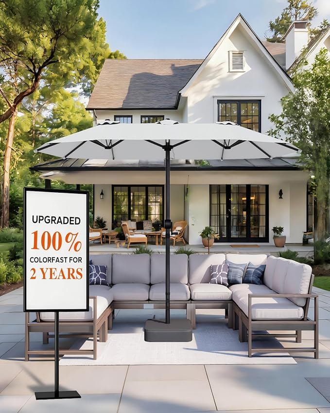 GDPFN 15FT Large Patio Umbrella with Base Included, Outdoor Deck Standing Umbrella with Crank Handle, Double-Side Rectangular Pool Umbrella for Outside, Market, Patio, Light Gray