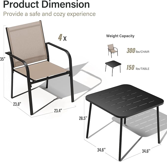 LAUSAINT HOME 5-Piece Outdoor Dining Set, Patio Furniture Set with Textilene Chairs and Square Metal Table, All-Weather Table and Chairs Set with Umbrella Hole for Backyard, Garden, and Poolside