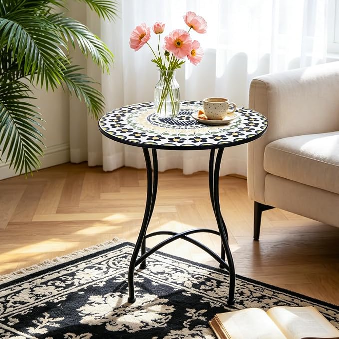 24 Inch Mosaic Patio Round Side Table with X-Curved Legs Indoor and Outdoor Accent End Table for Yard, Garden, Living Room, Bistro, B - Black Floral