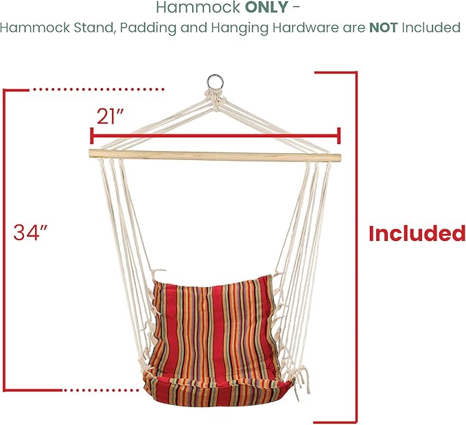 Striped Hammock Chair with Padding and Wooden Bar -34" x 21" - Red and Yellow