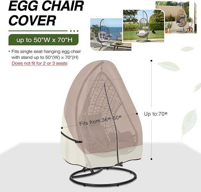 Porch Shield Patio Hanging Egg Chair Cover - 600D Waterproof Outdoor Single Seat Wicker Swing Egg Chair with Stand Protector, Light Tan & Khaki