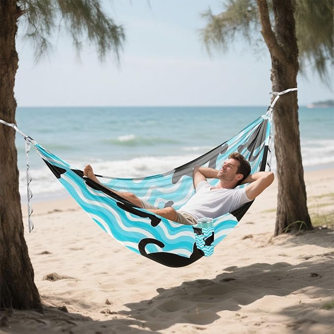 Wave Pattern Cartoon Cat Black 330lb Capacity Outdoor Hammock with Hanging Rope Hanging Hammock for Outside Beach Patio Garden para ir de Camping