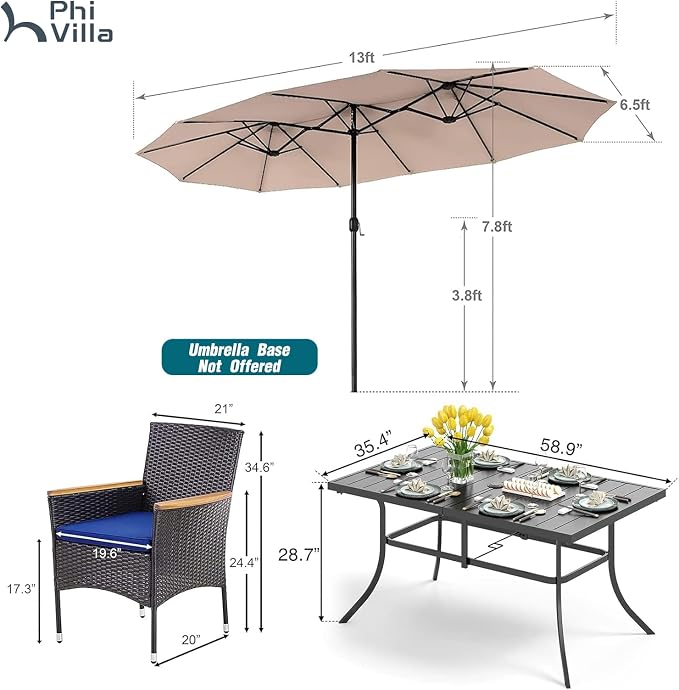PHI VILLA 7pc Patio Dining Set w/Umbrella, Rectangular Table, Rattan Chairs | Outdoor Dining Set for 6, 60" Metal Table & 6 Cushioned Rattan Chairs with Beige Umbrella for Outdoor, Deck, Yard, Porch