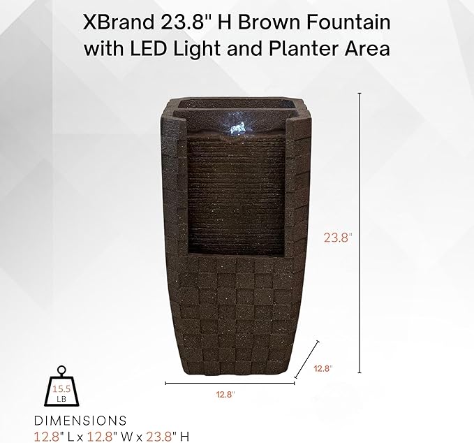 XBrand 23.8" H Brown Outdoor Water Fountain with LED Light and Planter Area, Decorative Garden Water Feature for Patio, Deck, Backyard and Indoor Home Décor