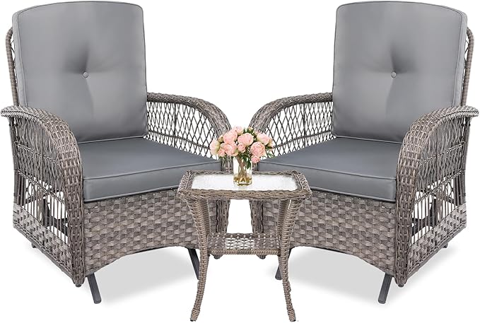 MEETWARM 3 Pieces Outdoor Patio Wicker Rocking Glider Set, Rocking Chairs Rattan Patio Furniture Sets with Glass-Top Coffee Table and Thickened Cushion, Conversation Bistro Set, Gray