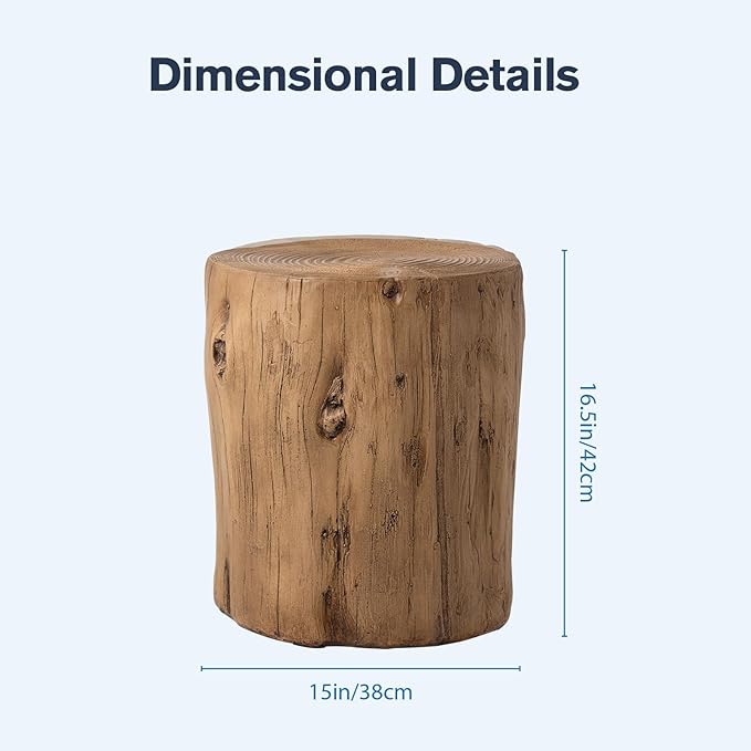 HOMPUS Concrete Outdoor Side Table Tree Stump Modern Round Coffee Table Accent Table Plant Stand Faux Wood End Table Garden Stool for Patio,Home Decor, Living Room(Light Oak)