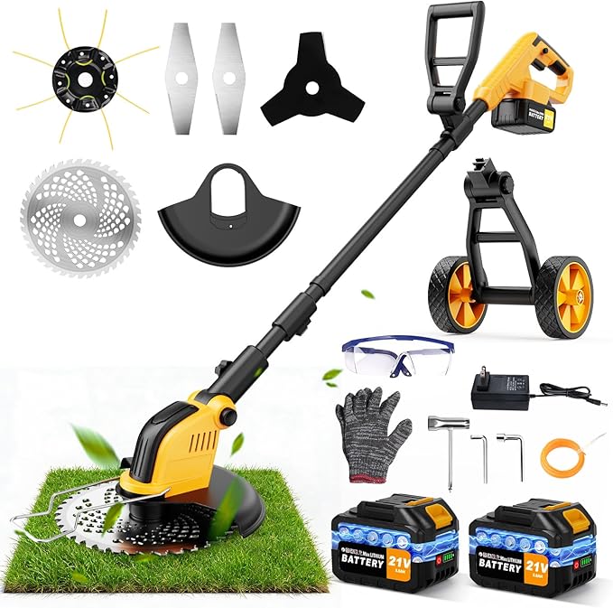 Electric Weed Wacker Cordless, Electric String Trimmer with 3 Types Blades & Removable Auxiliary Wheels, Brush Cutter & Grass Trimmer & Lawn Edger with for Garden Yard (YellowA)