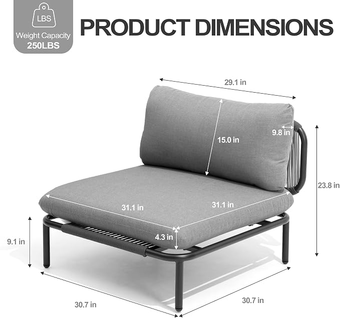 Patio Furniture Set, Outdoor Patio Furniture Oversized Metal Single Sofa, 2-seat Conversation Set with Cushion for Indoor and Outdoor, Black Frame and Dark Grey Mat (2 Seats 2 Armrests)
