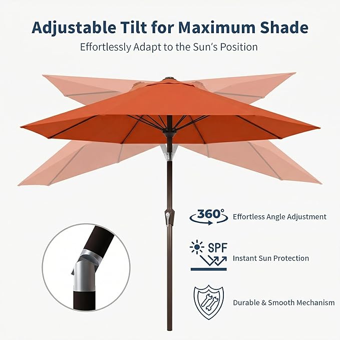 10FT Patio Umbrella Outdoor Market Umbrella with Crank and Tilt, 8 Flexible Fiberglass Ribs, UV-Resistant Waterproof Canopy for Patio, Deck, Garden, Backyard, Terracotta