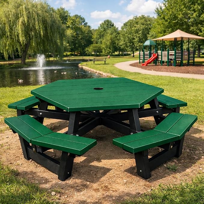 Frog Furnishings Hex Table Bench, Portable Outdoor, for All Weather, Backyard, Dining Party, Patio, Also for School, College, Park, Playground, Swimming Pool