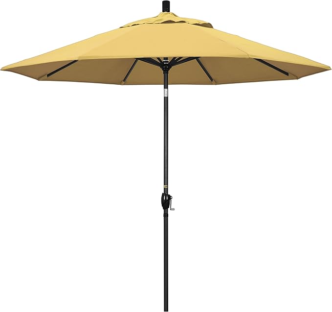 California Umbrella 9' Round Aluminum Market Umbrella, Crank Lift, Push Button Tilt, Black Pole, Sunbrella Wheat
