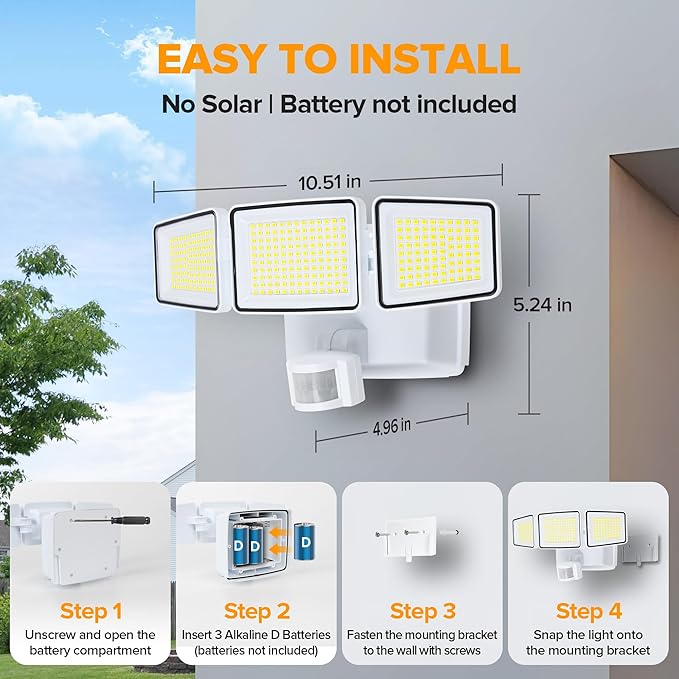 UME Battery Powered Motion Sensor Outdoor Lights 302 LED 1800LM, IP65 Waterproof Battery Operated Flood Lights Outdoor, 3 Heads Security Motion Light with 3 Modes for Garden Patio Yard, 2 Pack (White)