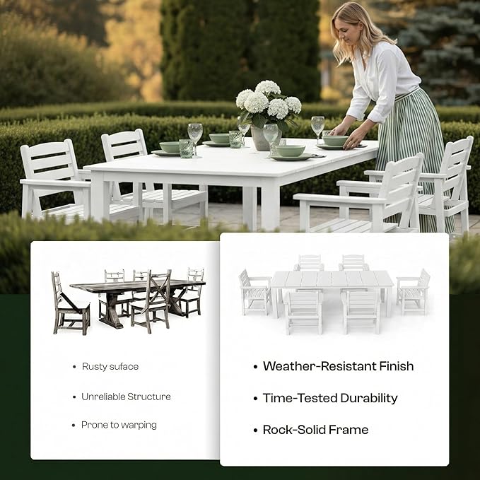 9-Piece Outdoor Dining Set for 8, 75.2" HDPE Table with Umbrella Hole & 8 Chairs, All-Weather Patio Furniture for Lawn, Yard, Deck, or Poolside, Fade & Crack Resistant (White)
