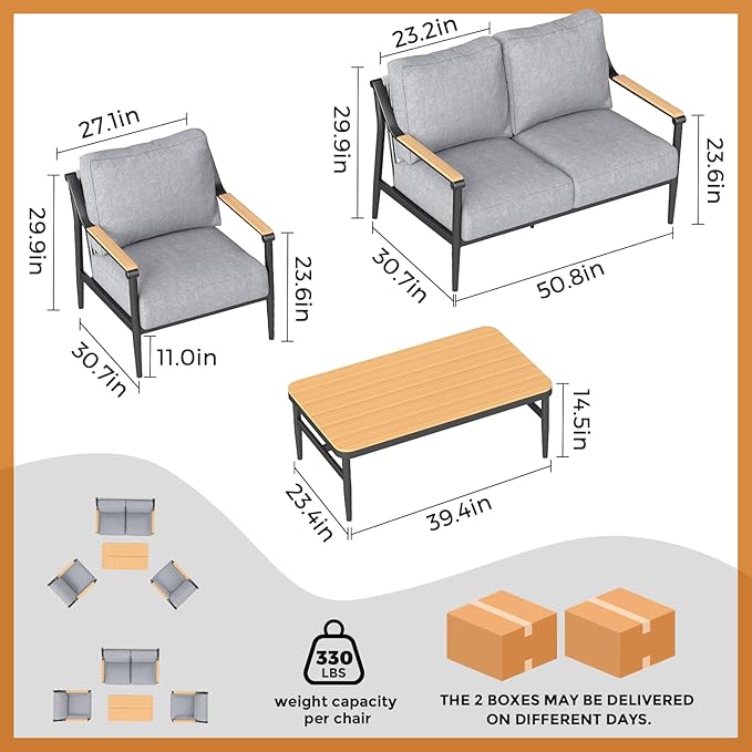 4 Pieces Outdoor Sofa Conversation Set, 4 Seats Couch Set with Table, Metal Frame Rope Weaving Design UV Resistance Waterproof for Patio Garden Balcony, Grey