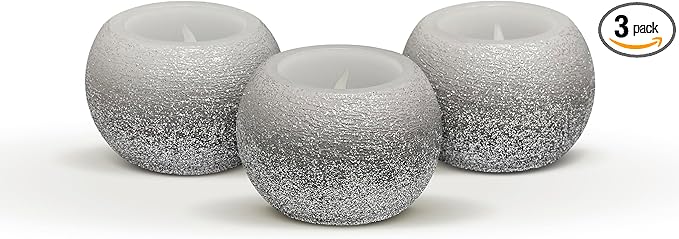 FURORA LIGHTING Small Black Glittery Real Wax Flameless Candles Pack of 3, LED Flickering Round Candles Perfect for Wedding Décor, 2.4’’(W) x 1.6’’(H), Battery Included